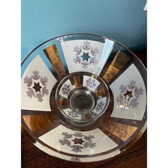 Vintage‎ MCM Glass Bowl Chip & Dip Serving Fruit Frosted White Gold 2 Pc - Picture 7 of 10